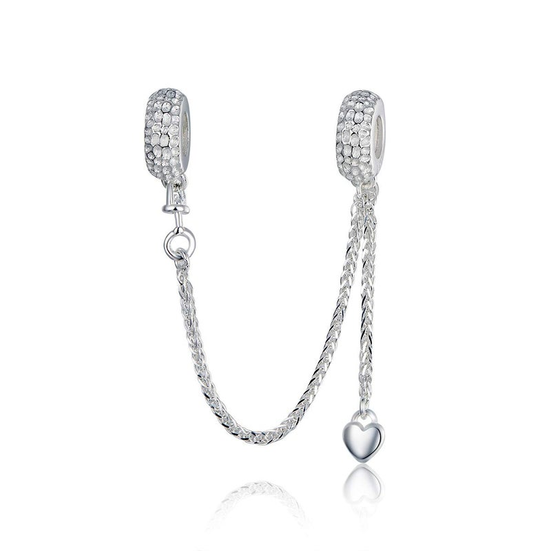 ARTCHARM Heart Safety Chain Charm 925 Sterling Silver Beads fit European Charms Bracelet & Necklace (Love Safety chain) - Image 1